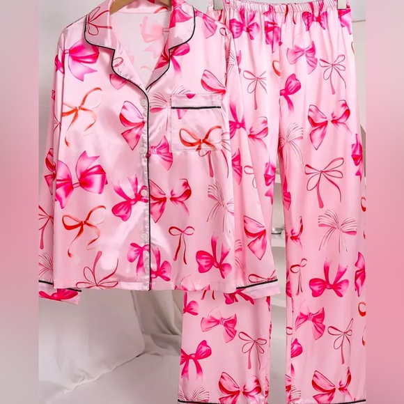Other - Pink Coquette Bow Pajama Pant Set size Med Soft Polyester Long Sleeve PTP 18